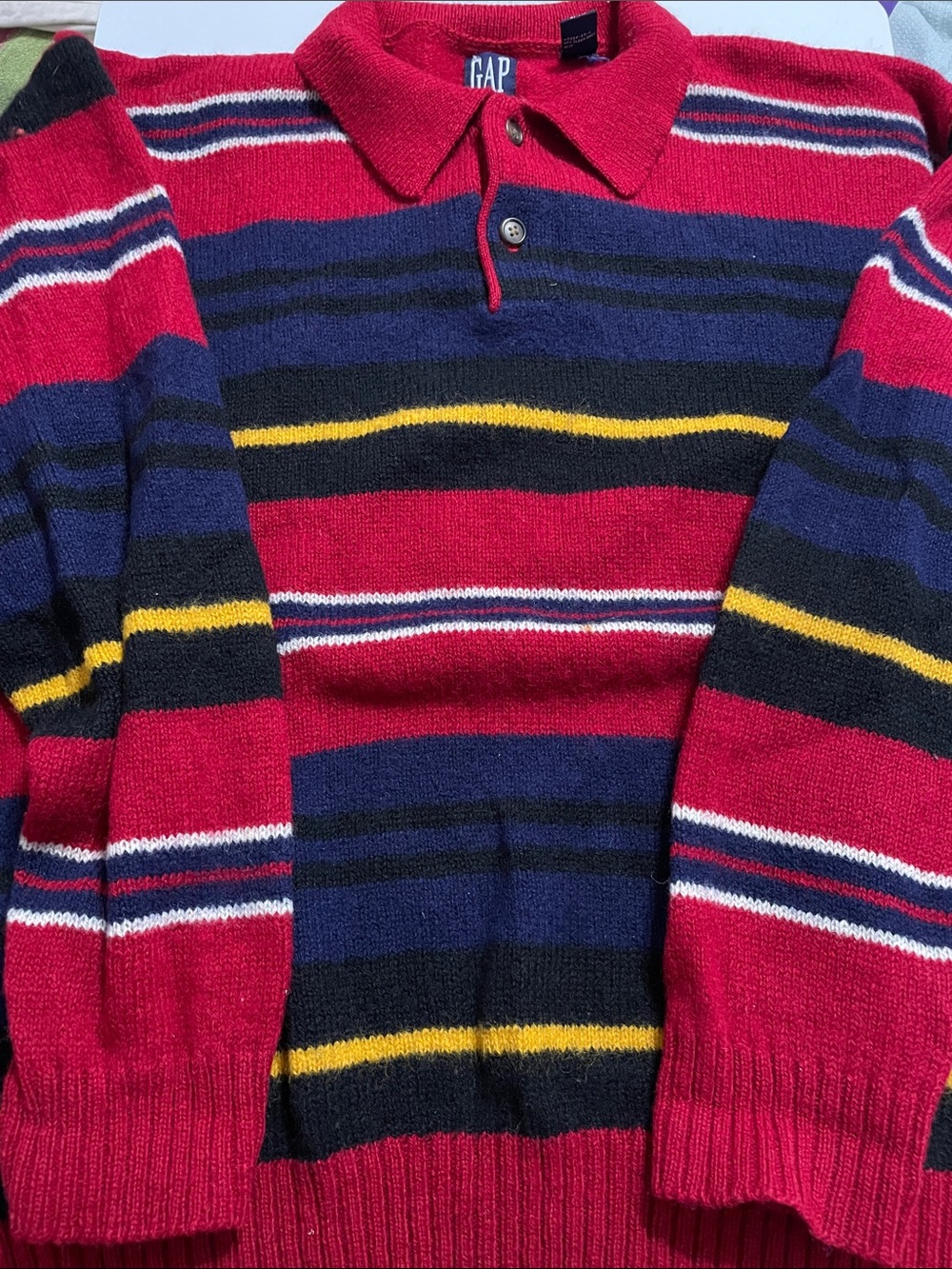 GAP Red V-Neck Polo Sweater with Navy, Black and Yellow Stripes